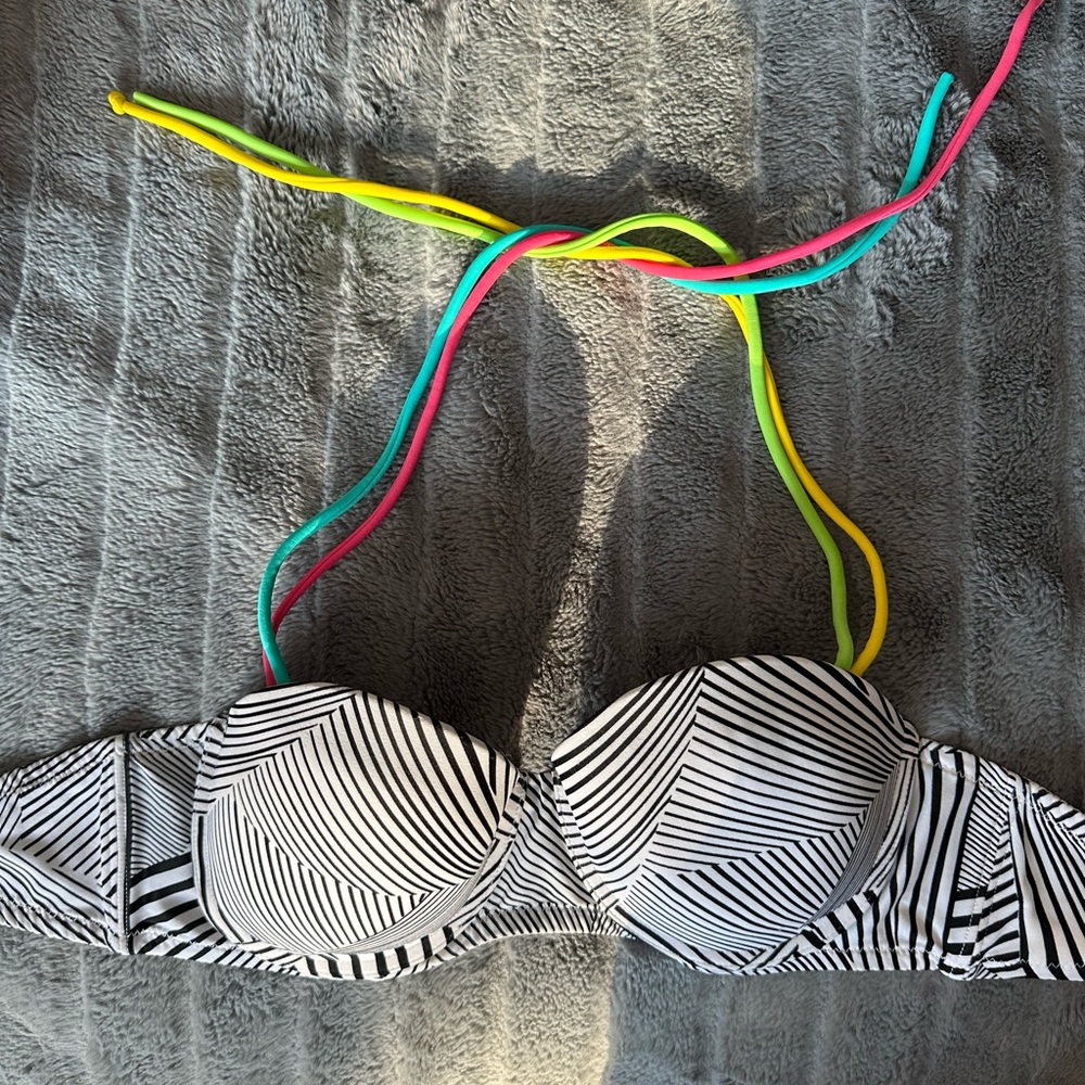 La Vie En Rose White and Black Striped Bikini Top